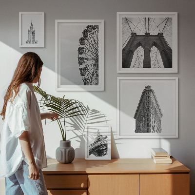 Conjunto de 5 quadros decorativos arquitetura metropolitana em preto e branco
