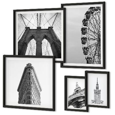 Conjunto de 5 quadros decorativos arquitetura metropolitana em preto e branco