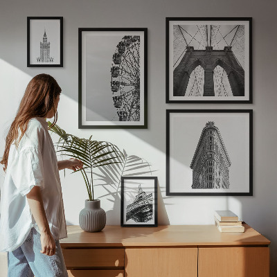 Conjunto de 5 quadros decorativos arquitetura metropolitana em preto e branco