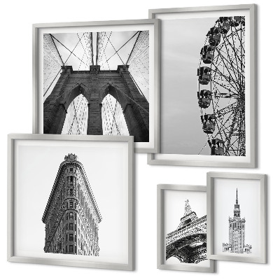 Conjunto de 5 quadros decorativos arquitetura metropolitana em preto e branco