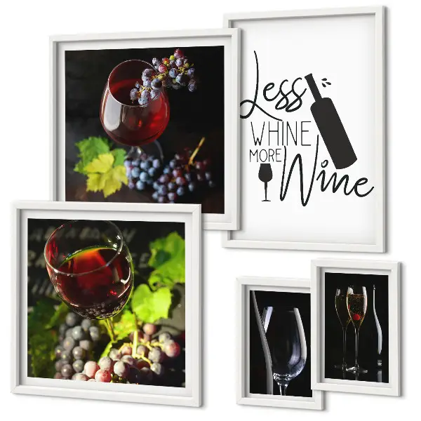 Galeria de quadros para parede com temática de vinhos e acessórios elegantes