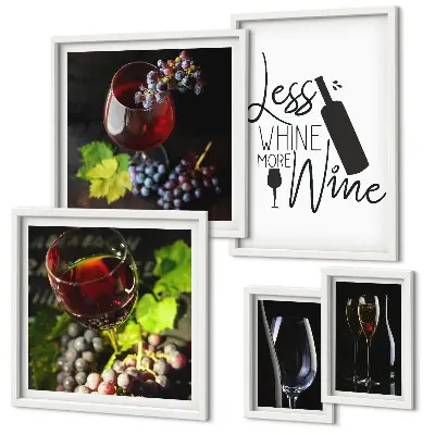 Galeria de quadros para parede com temática de vinhos e acessórios elegantes