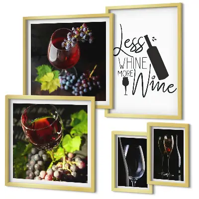 Galeria de quadros para parede com temática de vinhos e acessórios elegantes