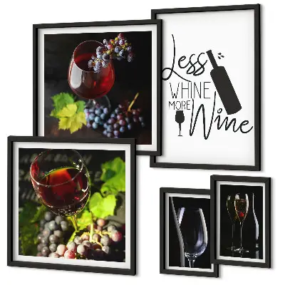 Galeria de quadros para parede com temática de vinhos e acessórios elegantes