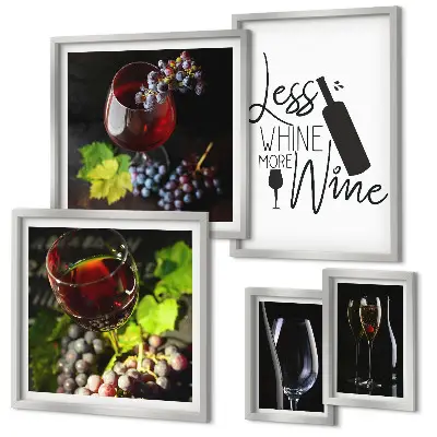 Galeria de quadros para parede com temática de vinhos e acessórios elegantes