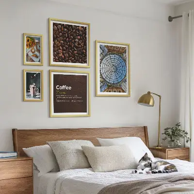 Conjunto de 5 quadros com moldura com temática de doces e café em estilo rústico