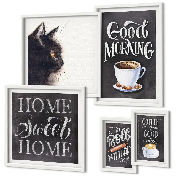 Galeria de parede com slogans positivos sobre gatos e café
