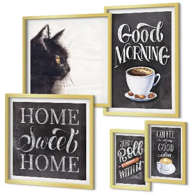 Galeria de parede com slogans positivos sobre gatos e café