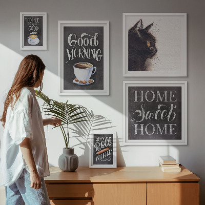 Galeria de parede Slogans positivos sobre gatos e café
