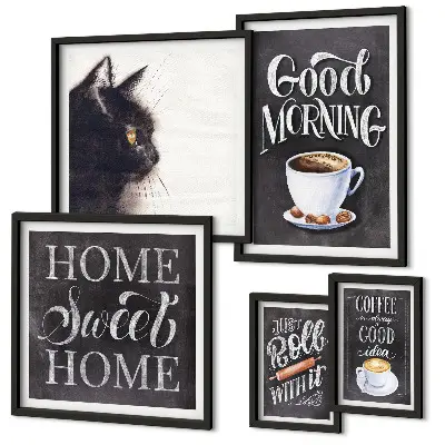 Galeria de parede com slogans positivos sobre gatos e café