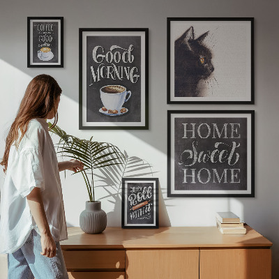 Galeria de parede Slogans positivos sobre gatos e café