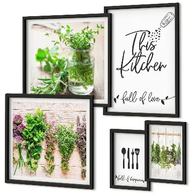 Galeria de quadros para parede com temática de ervas culinárias e cozinha