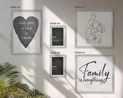 Conjunto de 5 quadros com moldura com tema de valores familiares, amor e proximidade