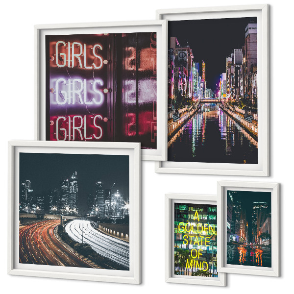 Conjunto de 5 quadros decorativos Cidade moderna à noite com néon