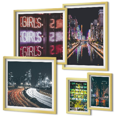 Conjunto de 5 quadros decorativos Cidade moderna à noite com néon