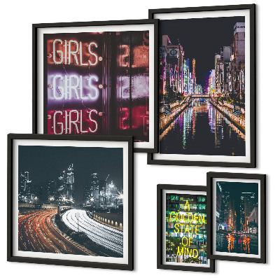 Conjunto de 5 quadros decorativos Cidade moderna à noite com néon