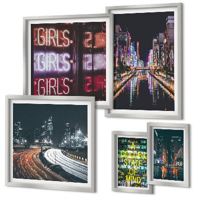 Conjunto de 5 quadros decorativos Cidade moderna à noite com néon