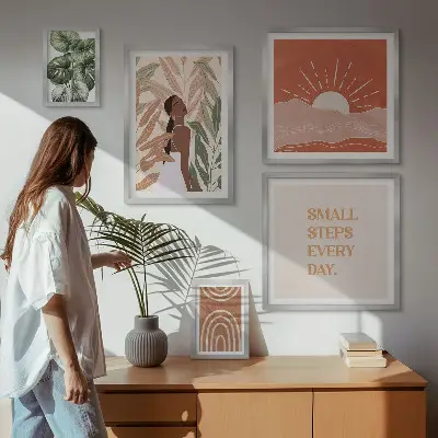 Conjunto de 5 quadros com moldura com motivo de planta em estilo boho