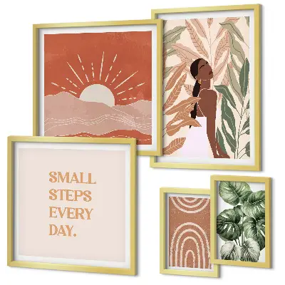 Conjunto de 5 quadros com moldura com motivo de planta em estilo boho