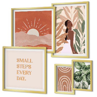 Conjunto de 5 quadros com moldura motivo de planta em estilo boho