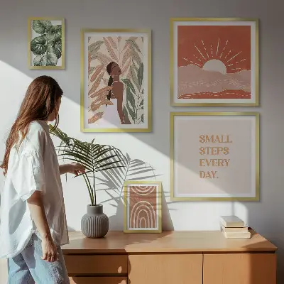 Conjunto de 5 quadros com moldura com motivo de planta em estilo boho