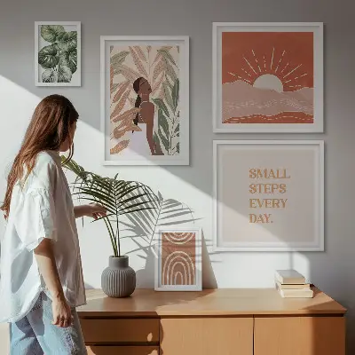 Conjunto de 5 quadros com moldura com motivo de planta em estilo boho
