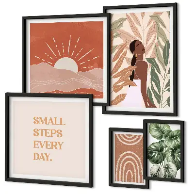 Conjunto de 5 quadros com moldura com motivo de planta em estilo boho