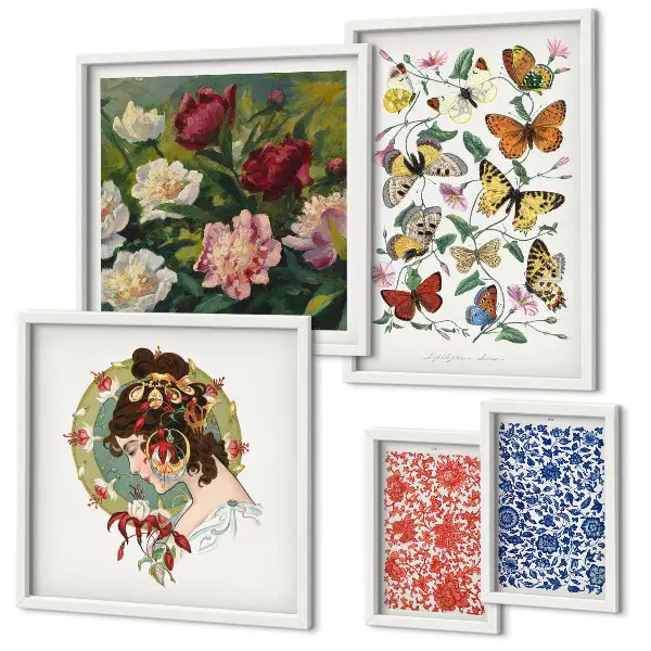 Conjunto de 5 quadros decorativos com estética vintage de flores e borboletas