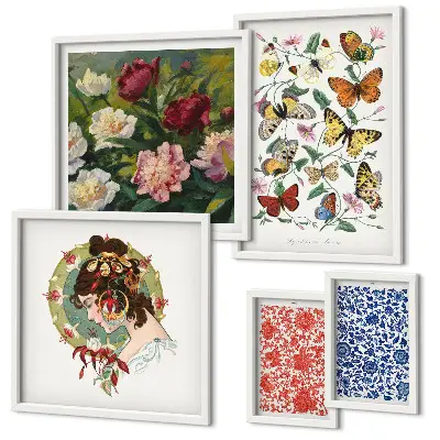Conjunto de 5 quadros decorativos com estética vintage de flores e borboletas