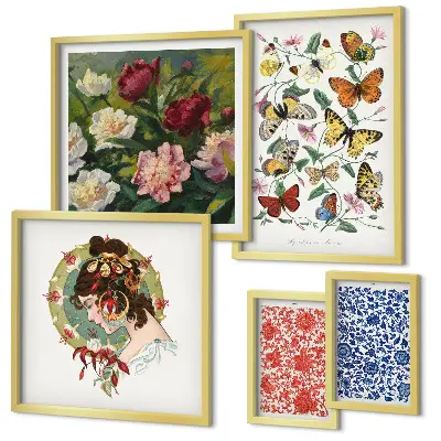 Conjunto de 5 quadros decorativos com estética vintage de flores e borboletas