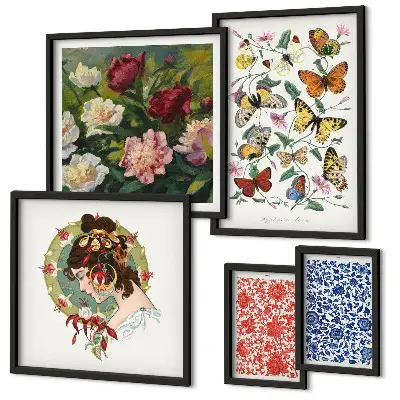 Conjunto de 5 quadros decorativos com estética vintage de flores e borboletas