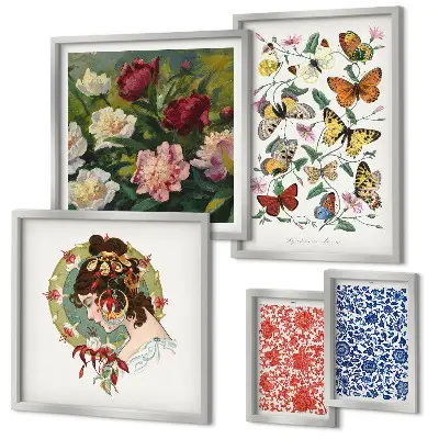 Conjunto de 5 quadros decorativos com estética vintage de flores e borboletas