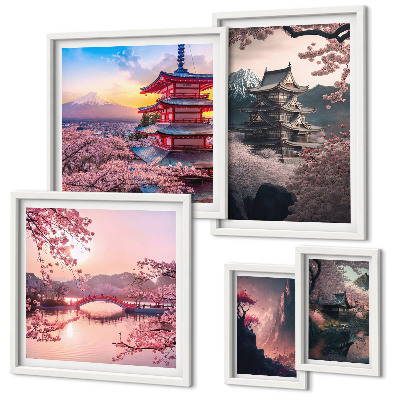 Conjunto de 5 quadros com moldura Paisagens japonesas com cerejeiras