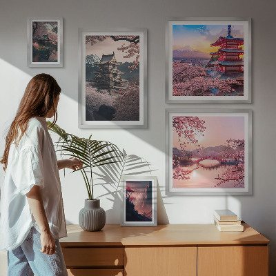 Conjunto de 5 quadros com moldura Paisagens japonesas com cerejeiras