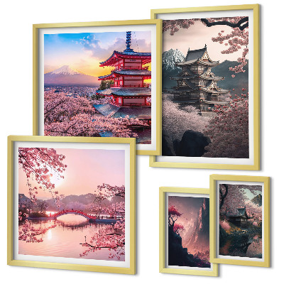Conjunto de 5 quadros com moldura Paisagens japonesas com cerejeiras