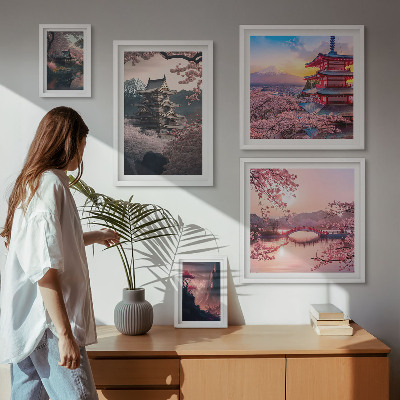 Conjunto de 5 quadros com moldura Paisagens japonesas com cerejeiras