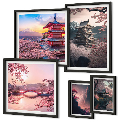 Conjunto de 5 quadros com moldura Paisagens japonesas com cerejeiras