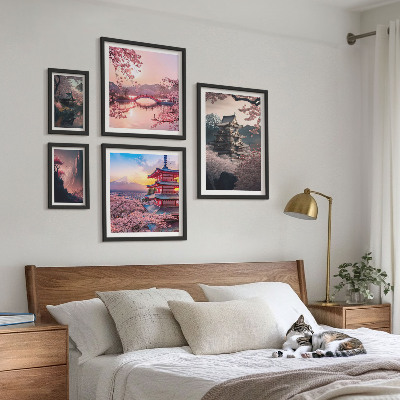 Conjunto de 5 quadros com moldura Paisagens japonesas com cerejeiras