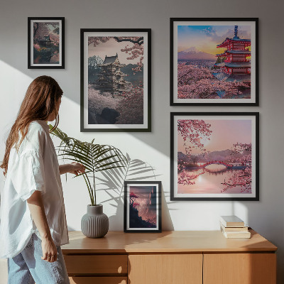 Conjunto de 5 quadros com moldura Paisagens japonesas com cerejeiras