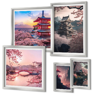 Conjunto de 5 quadros com moldura Paisagens japonesas com cerejeiras