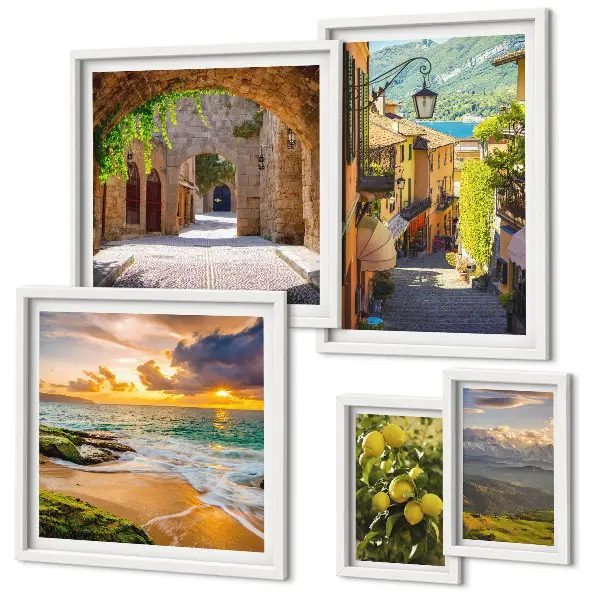 Conjunto de 5 quadros decorativos com tema de ruas e paisagens encantadoras