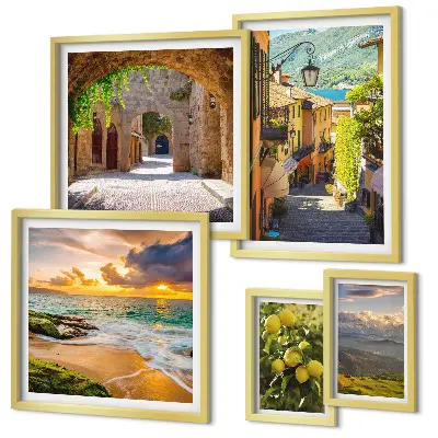 Conjunto de 5 quadros decorativos com tema de ruas e paisagens encantadoras