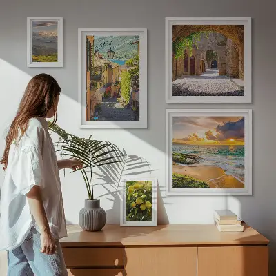 Conjunto de 5 quadros decorativos com tema de ruas e paisagens encantadoras