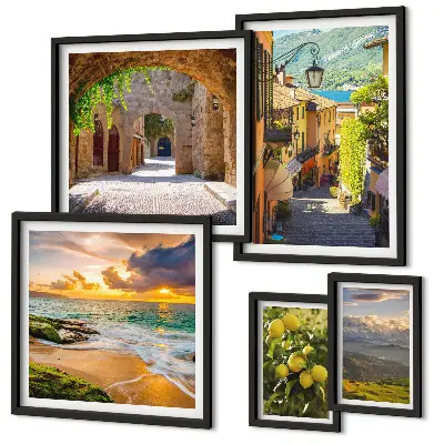 Conjunto de 5 quadros decorativos com tema de ruas e paisagens encantadoras