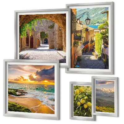 Conjunto de 5 quadros decorativos com tema de ruas e paisagens encantadoras