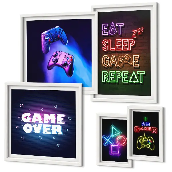 Conjunto de 5 quadros com moldura com temas de jogos de computador em neon