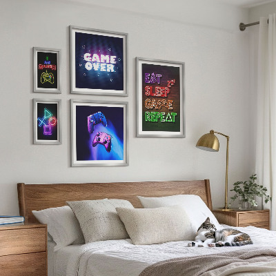 Conjunto de 5 quadros com moldura Temas de jogos de computador neon