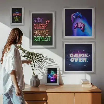 Conjunto de 5 quadros com moldura com temas de jogos de computador em neon