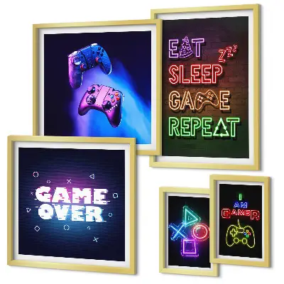 Conjunto de 5 quadros com moldura com temas de jogos de computador em neon