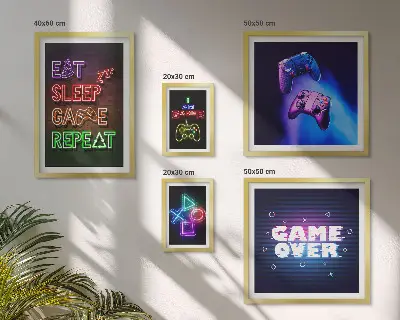 Conjunto de 5 quadros com moldura com temas de jogos de computador em neon